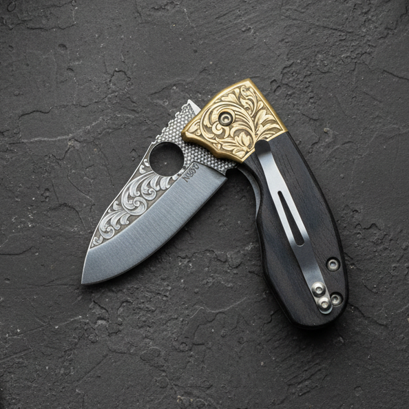 N690 Folding Pocket Knife with Black Wood Handle & Engraved Blade