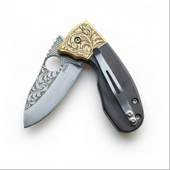 N690 Folding Pocket Knife with Black Wood Handle & Engraved Blade