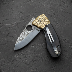 N690 Folding Pocket Knife with Black Wood Handle & Engraved Blade