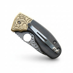 N690 Folding Pocket Knife with Black Wood Handle & Engraved Blade