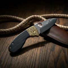 N690 Folding Pocket Knife with Black Wood Handle & Engraved Blade