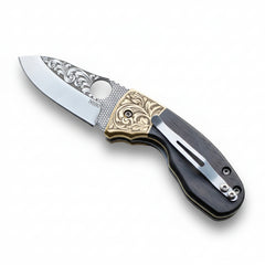 N690 Folding Pocket Knife with Black Wood Handle & Engraved Blade