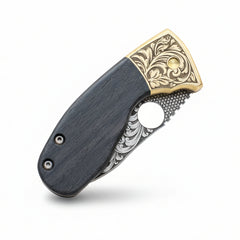 N690 Folding Pocket Knife with Black Wood Handle & Engraved Blade