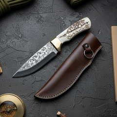Handcrafted N690 Hunting Knife – Running Horses Engraved Blade & Deer Antler Handle