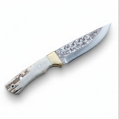Handcrafted N690 Hunting Knife – Running Horses Engraved Blade & Deer Antler Handle