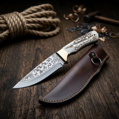 Handcrafted N690 Hunting Knife – Running Horses Engraved Blade & Deer Antler Handle