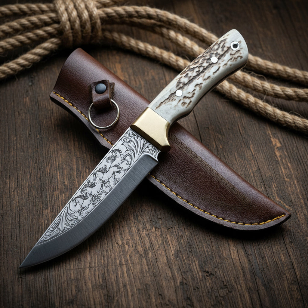Handcrafted N690 Hunting Knife – Running Horses Engraved Blade & Deer Antler Handle