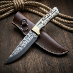 Handcrafted N690 Hunting Knife – Running Horses Engraved Blade & Deer Antler Handle