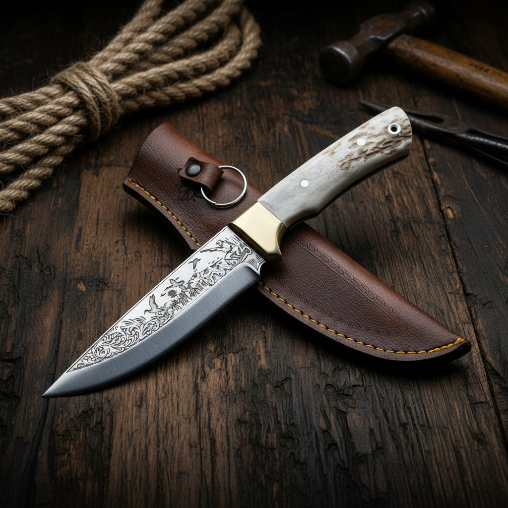 Cuchillo grabado con mango de ciervo