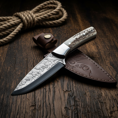Handcrafted N690 Hunter Knife – Tiger Engraved Blade & Deer Antler Handle