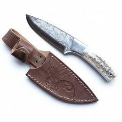 Handcrafted N690 Hunter Knife – Tiger Engraved Blade & Deer Antler Handle