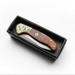 M390 Folding Pocket Knife with Brown Burl Wood Handle
