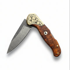 M390 Folding Pocket Knife with Brown Burl Wood Handle