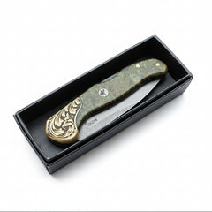 M390 Folding Pocket Knife with Green Burl Wood Handle