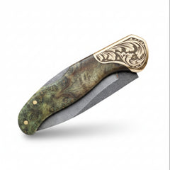 M390 Folding Pocket Knife with Green Burl Wood Handle
