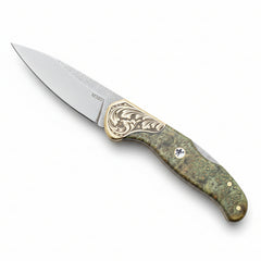 M390 Folding Pocket Knife with Green Burl Wood Handle