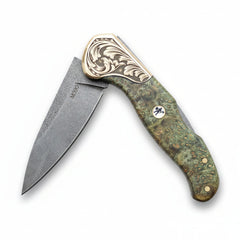 M390 Folding Pocket Knife with Green Burl Wood Handle