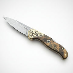 Premium M390 Folding Pocket Knife with Walnut Burl Wood & Engraved Brass Bolster