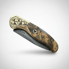 Premium M390 Folding Pocket Knife with Walnut Burl Wood & Engraved Brass Bolster