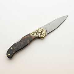 Premium M390 Folding Pocket Knife with Walnut Burl Wood & Engraved Brass Bolster