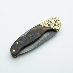 Premium M390 Folding Pocket Knife with Walnut Burl Wood & Engraved Brass Bolster