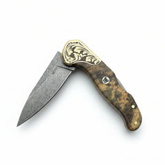 Premium M390 Folding Pocket Knife with Walnut Burl Wood & Engraved Brass Bolster
