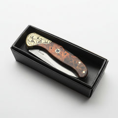 Premium M390 Folding Pocket Knife with Red Burl Wood Handle & Engraved Brass Bolster