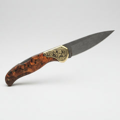 Premium M390 Folding Pocket Knife with Red Burl Wood Handle & Engraved Brass Bolster