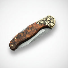 Premium M390 Folding Pocket Knife with Red Burl Wood Handle & Engraved Brass Bolster