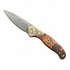 Premium M390 Folding Pocket Knife with Red Burl Wood Handle & Engraved Brass Bolster