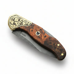 Premium M390 Folding Pocket Knife with Red Burl Wood Handle & Engraved Brass Bolster