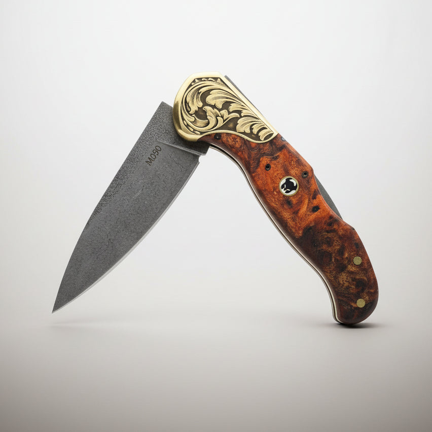 Premium M390 Folding Pocket Knife with Red Burl Wood Handle & Engraved Brass Bolster