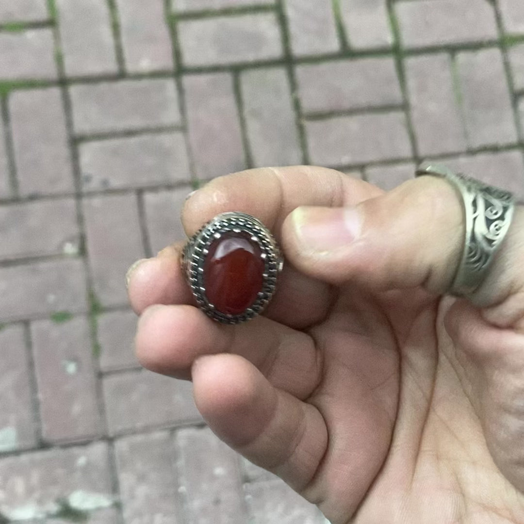 The Crescent and Star Agate Stone Silver Ring