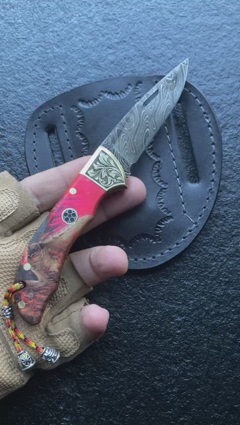 Damascus Pocket Knife, 6.5" With Belt Sheath