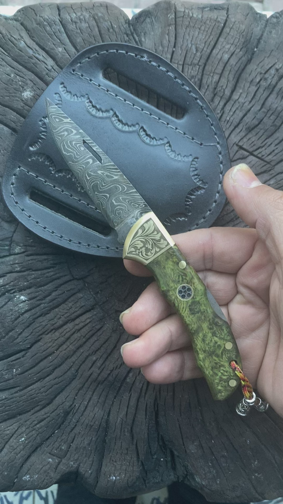 Damascus Steel Folding Knife Stabilized Green Handle