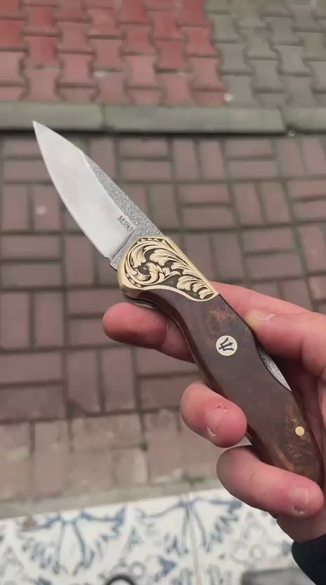 M390 Folding Knife with Brown Burl Wood Handle