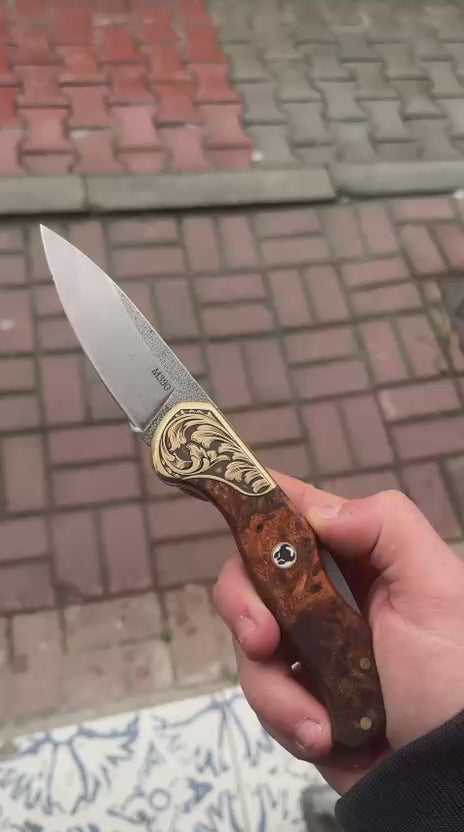Premium M390 Folding Pocket Knife with Red Burl Wood Handle & Engraved Brass Bolster