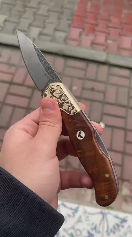 M390 Folding Pocket Knife with Brown Burl Wood Handle